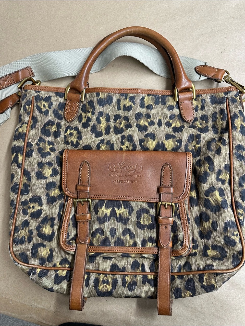 Ralph Lauren classic Safari Leopard Canvas Tote with Brown Leather Trim